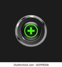 Black glossy button with metallic elements and icon plus, on black background, vector design website