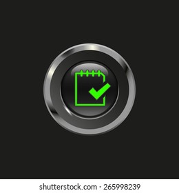 Black glossy button with metallic elements and icon note (to do), on black background, vector design website