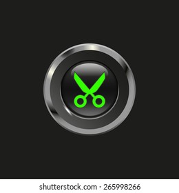 Black glossy button with metallic elements and icon scissors (cut), on black background, vector design website