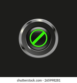 Black glossy button with metallic elements and icon restricted, on black background, vector design website