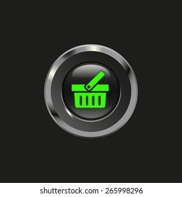 Black glossy button with metallic elements and icon shopping cart, on black background, vector design website