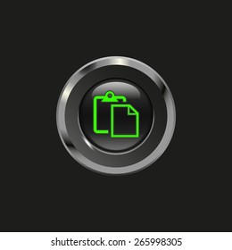 Black glossy button with metallic elements and icon paste, on black background, vector design website