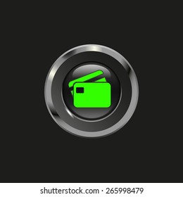 Black glossy button with metallic elements and icon credit card, on black background, vector design website