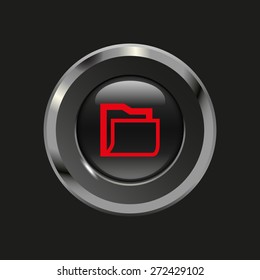 Black glossy button with metallic elements and red icon folder, on black background, vector design website