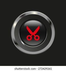 Black glossy button with metallic elements and red icon scissors (cut), on black background, vector design website