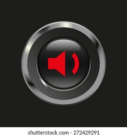 Black glossy button with metallic elements and red icon volume low, on black background, vector design website