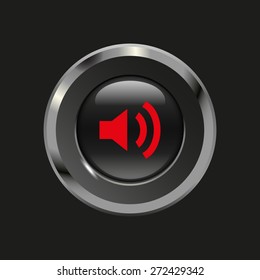 Black glossy button with metallic elements and red icon volume high, on black background, vector design website