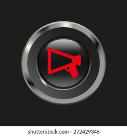 Black glossy button with metallic elements and red icon mouthpiece (announcing), on black background, vector design website