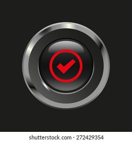 Black glossy button with metallic elements and red icon check, on black background, vector design website