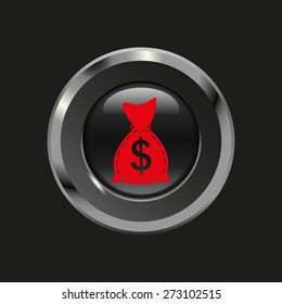 Black glossy button with metallic elements and red icon bag of money, on black background, vector design website