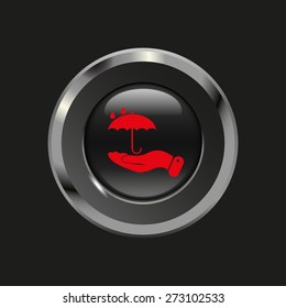 Black glossy button with metallic elements and red icon umbrella, on black background, vector design website