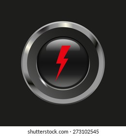 Black glossy button with metallic elements and red icon lightning, on black background, vector design website