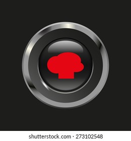Black glossy button with metallic elements and red icon chef hat, on black background, vector design website