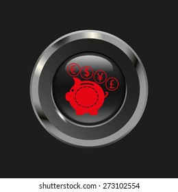 Black glossy button with metallic elements and red icon moneybox, on black background, vector design website