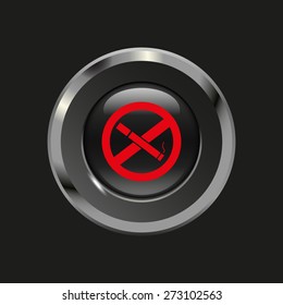 Black glossy button with metallic elements and red icon no smoking, on black background, vector design website