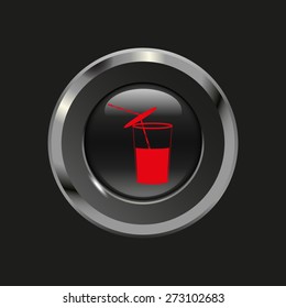 Black glossy button with metallic elements and red icon beverage, on black background, vector design website