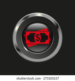 Black glossy button with metallic elements and red icon dollars, on black background, vector design website