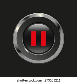 Black glossy button with metallic elements and red icon pause, on black background, vector design website