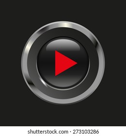 Black glossy button with metallic elements and red icon play, on black background, vector design website