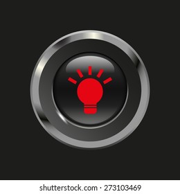 Black glossy button with metallic elements and red icon light bulb, on black background, vector design website