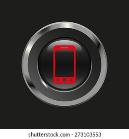 Black glossy button with metallic elements and red icon smartphone, on black background, vector design website