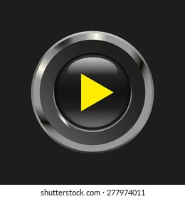 Black glossy button with metallic elements and yellow icon play, on black background, vector design website