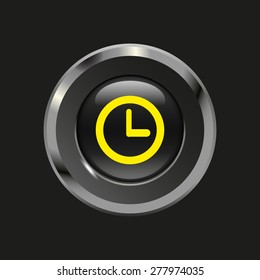 Black glossy button with metallic elements and yellow icon clock, on black background, vector design website