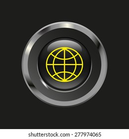 Black glossy button with metallic elements and yellow icon globe, on black background, vector design website