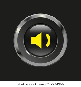 Black glossy button with metallic elements and yellow icon volume low, on black background, vector design website