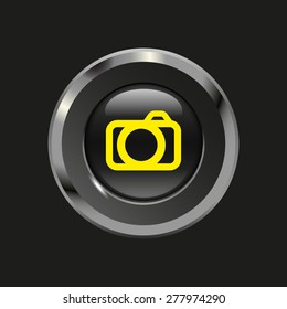 Black glossy button with metallic elements and yellow icon photo/camera, on black background, vector design website