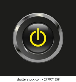 Black glossy button with metallic elements and yellow icon power on/off, on black background, vector design website