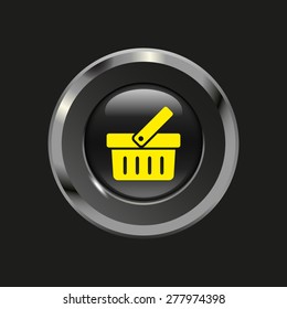 Black glossy button with metallic elements and yellow icon shopping cart, on black background, vector design website