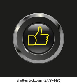 Black glossy button with metallic elements and yellow icon thumbs up, on black background, vector design website