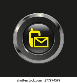 Black glossy button with metallic elements and yellow icon sms (mms), on black background, vector design website