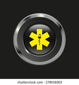 Black glossy button with metallic elements and yellow icon ambulance, on black background, vector design website