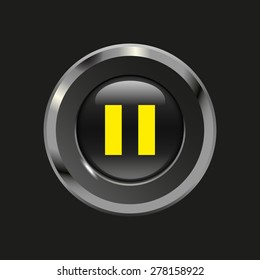 Black glossy button with metallic elements and yellow icon pause, on black background, vector design website