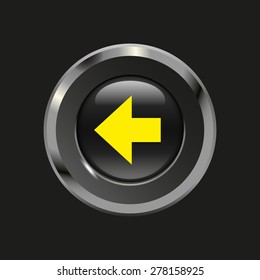 Black glossy button with metallic elements and yellow icon left Arrow, on black background, vector design website