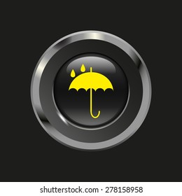 Black glossy button with metallic elements and yellow icon umbrella, on black background, vector design website