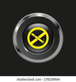 Black glossy button with metallic elements and yellow icon no smoking, on black background, vector design website
