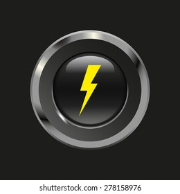 Black glossy button with metallic elements and yellow icon lightning, on black background, vector design website