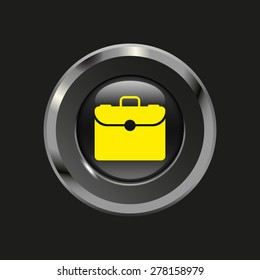 Black glossy button with metallic elements and yellow icon briefcase, on black background, vector design website