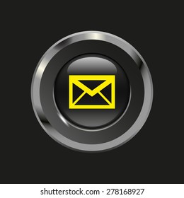 Black glossy button with metallic elements and yellow icon envelope, on black background, vector design website