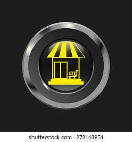 Black glossy button with metallic elements and yellow icon shop, on black background, vector design website