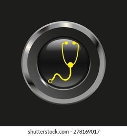 Black glossy button with metallic elements and yellow icon stethoscope, on black background, vector design website