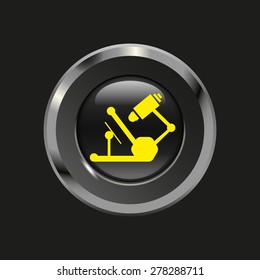Black glossy button with metallic elements and yellow icon microscope, on black background, vector design website