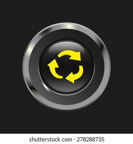 Black glossy button with metallic elements and yellow icon recycling, on black background, vector design website