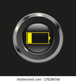 Black glossy button with metallic elements and yellow icon battery, on black background, vector design website