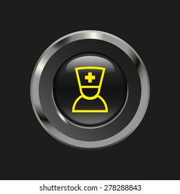 Black glossy button with metallic elements and yellow icon doctor, on black background, vector design website