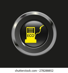 Black glossy button with metallic elements and yellow icon biofuels, on black background, vector design website