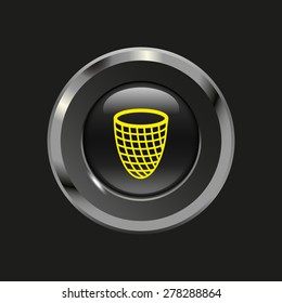Black glossy button with metallic elements and yellow icon urn, on black background, vector design website